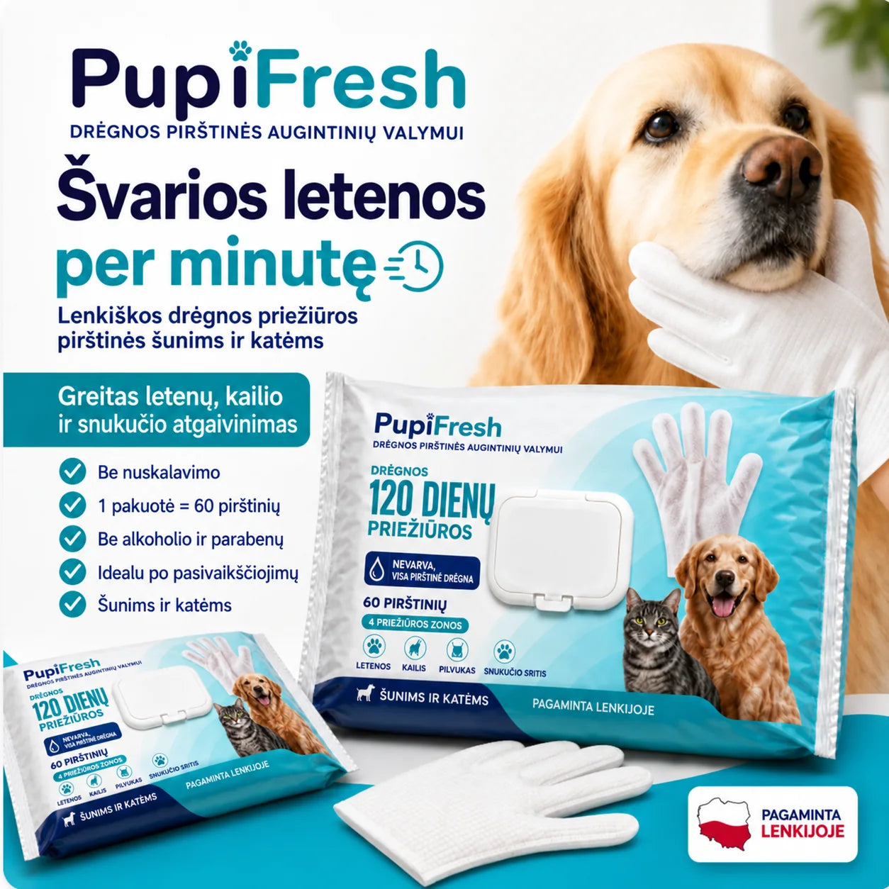 PupiFresh drėgnos pirštinės šunims ir katėms